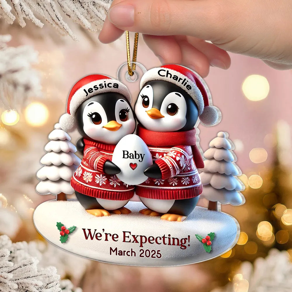 Custom Penguin Couple Acrylic Ornament for Parents-to-Be, Heartwarming Holiday Keepsake and Creative Baby Reveal Gift
