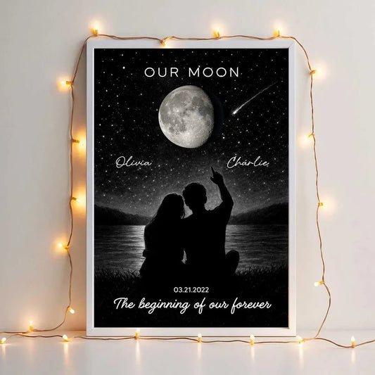 Personalized Moon Night Sky Couple Poster, Romantic Lakeside Silhouette Wall Art, Unique Gift For Couple