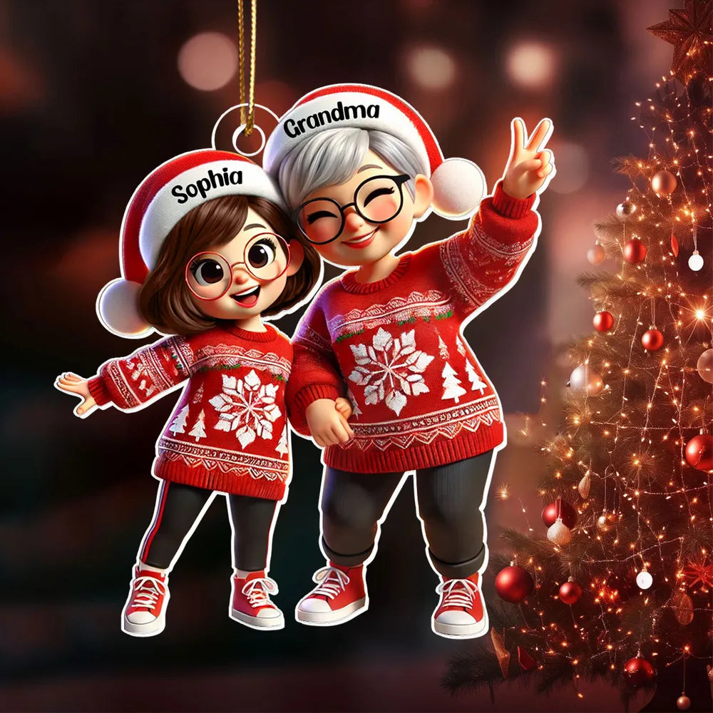 Festive Acrylic Ornament – Grandma & Me, Peace-Sign Pose, Personalized Holiday Gift