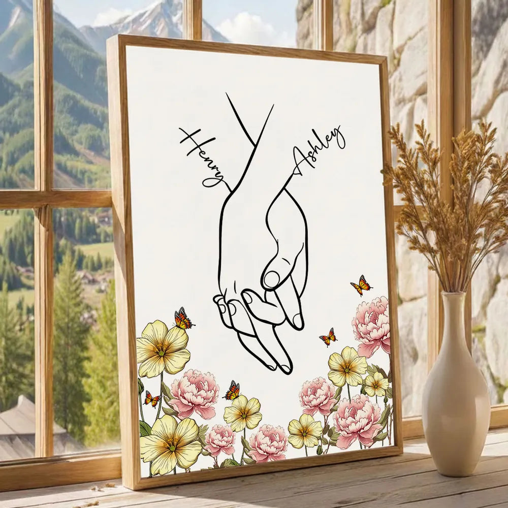Personalized Couple Hand-Holding Line Art Poster with Floral Butterflies, Modern Minimal Wall Decor, Unique Gift for Him or Her