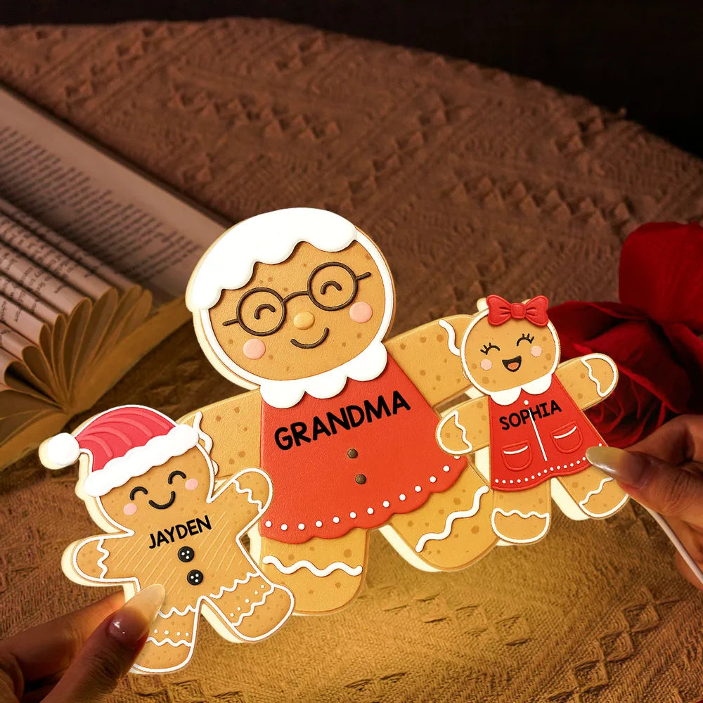 Acrylic Light Box - Gingerbread Grandma & Grandkids, Custom, Christmas Decor, Warm Glow Keepsake, Unique Gift for Grandma