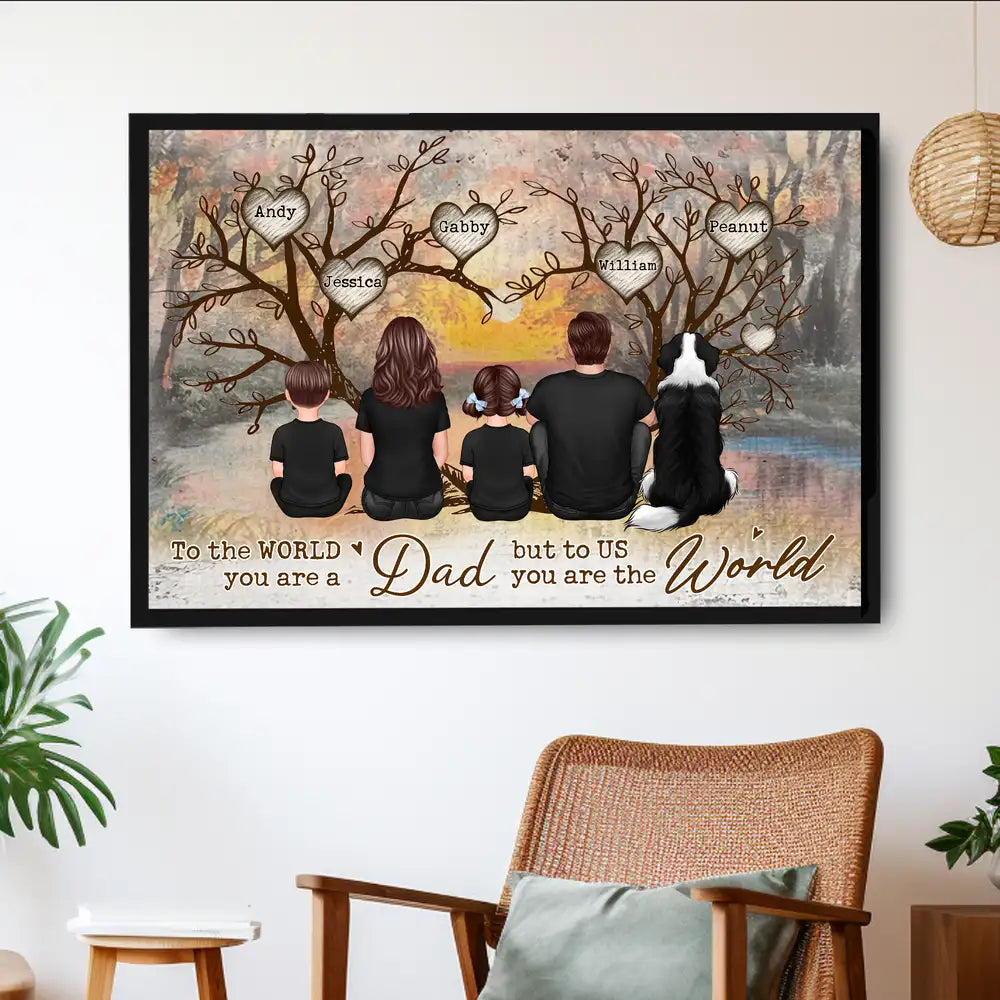 Back-View Family & Dog Tree Poster – “To the World You Are a Dad” Personalized Wall Art, Father’s Day Gift from Kids or Wife