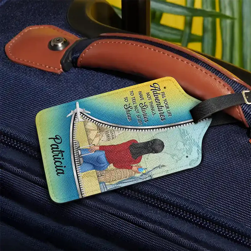 Personalized Leather Luggage Tag Adventure Quote Travel Gift for Her - Unique Creative Gift for Travelers