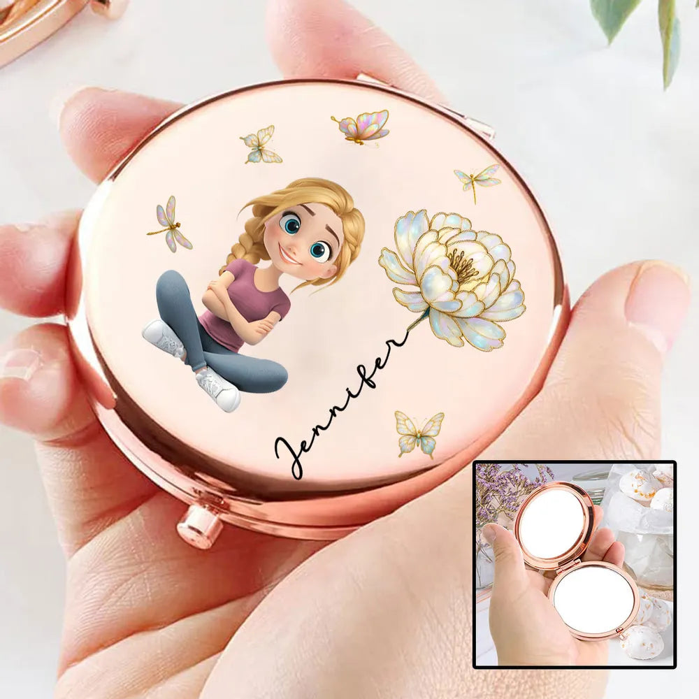 Personalized Metal Compact Mirror With Cute Cartoon Girl & Butterfly Florals - Unique Gift For Her, Purse-Ready Smile Booster