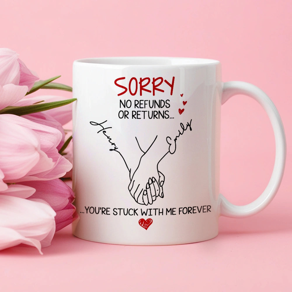 Personalized White Ceramic Mug with Holding Hands Illustration – Romantic “You’re Stuck with Me Forever” Couple Gift
