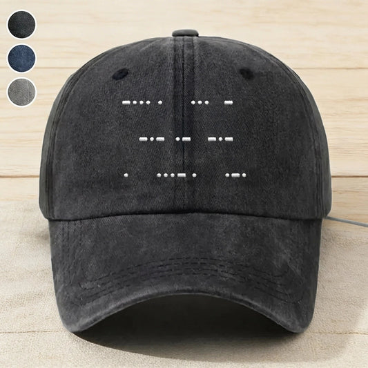Personalized Washed Denim Baseball Cap with Morse Code Hidden Message, Vintage Look Everyday Wear, Unique Gift for Dad