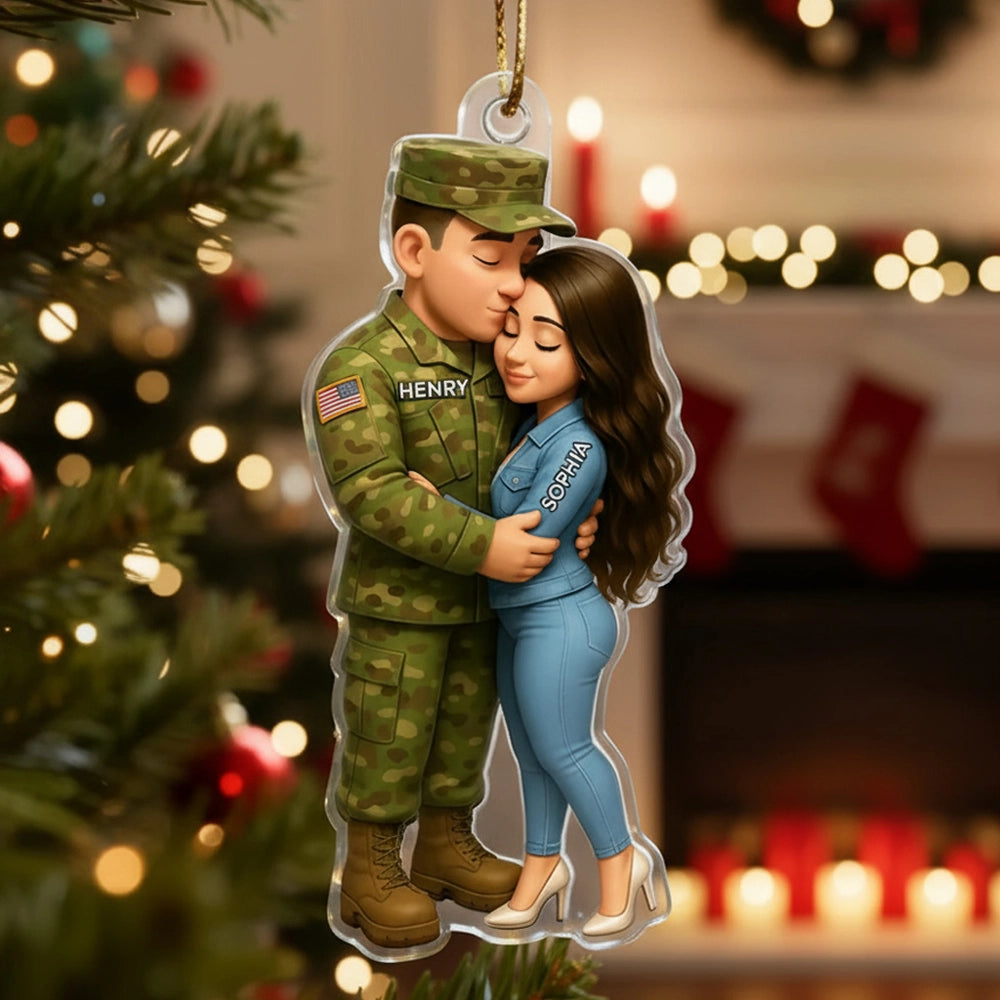 Acrylic Ornament - Custom Military Couple Hugging, Christmas Tree Decor, tender keepsake, a unique gift for Couples, Him or Her