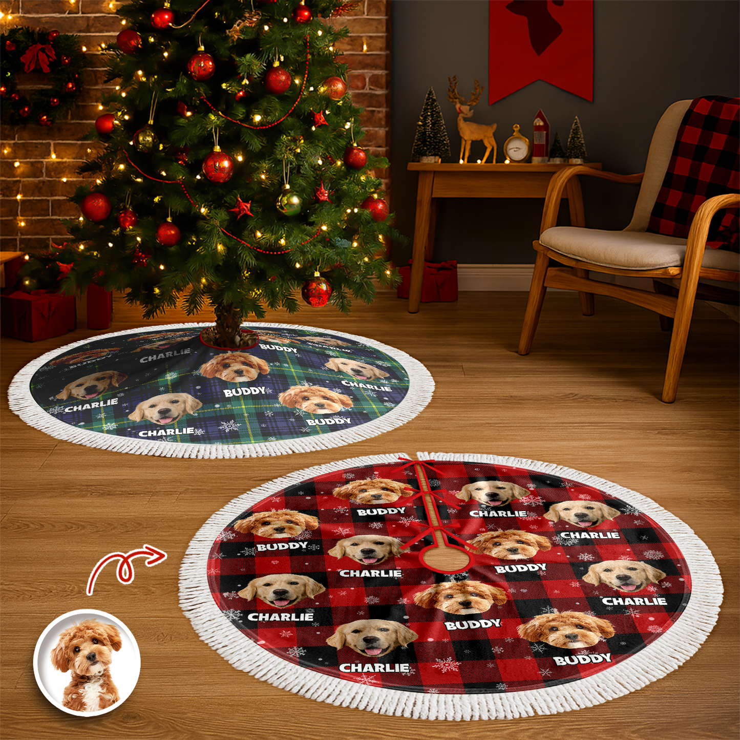 Personalized Plush Christmas Tree Skirt with Your Pet Photo – Custom Dog or Cat Holiday Decor, Unique Gift for Pet Lovers