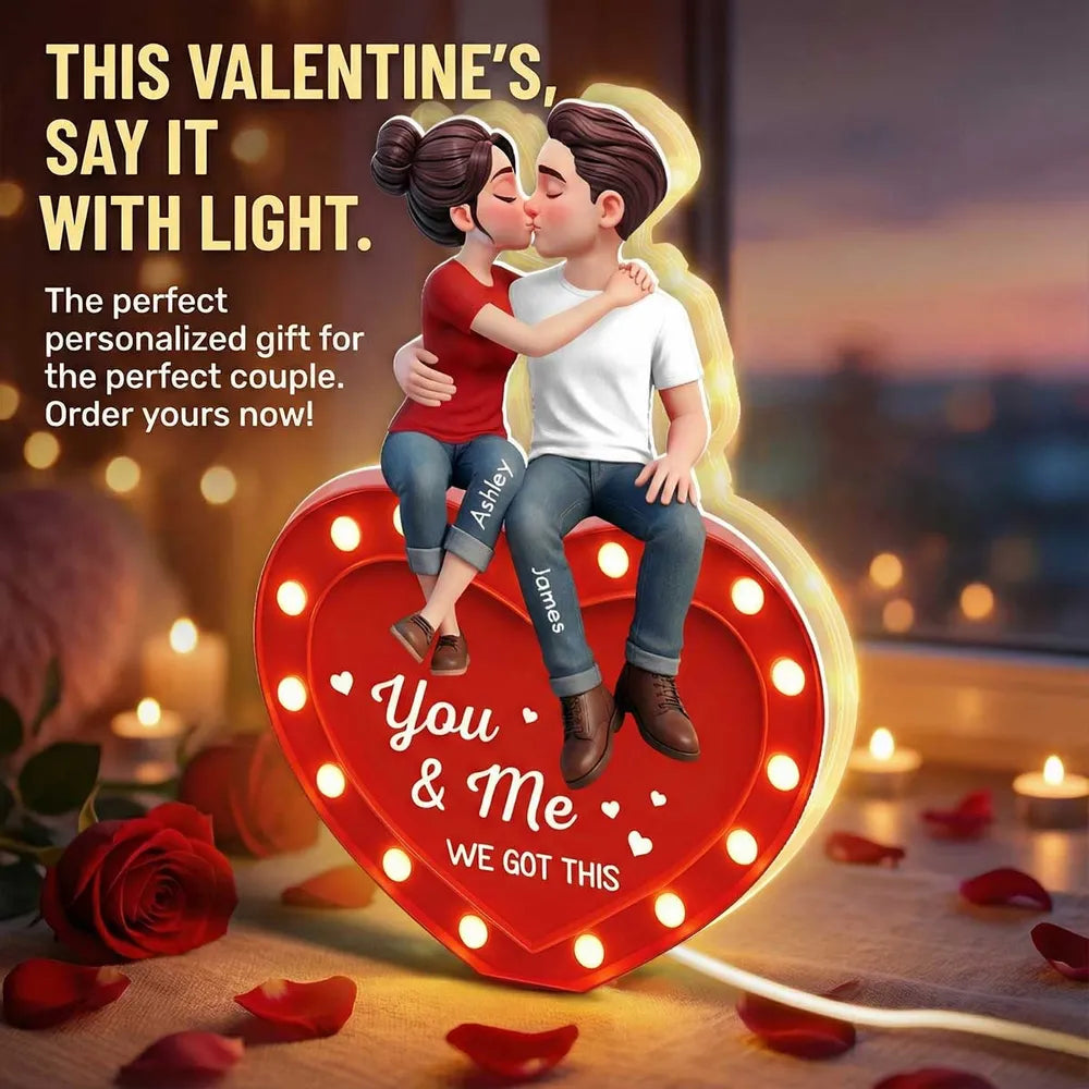 Personalized Acrylic Light Box Kissing Couple on Heart You & Me Warm Glow Bedroom Decor Unique Gift for Couples