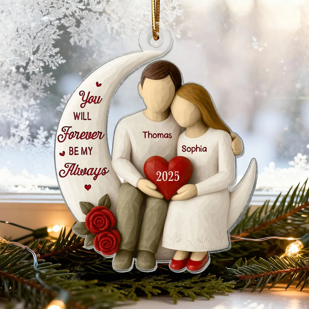 Acrylic Ornament with Crescent Moon Couple & Roses, Romantic Quote, Christmas Keepsake, Unique Gift for Couples