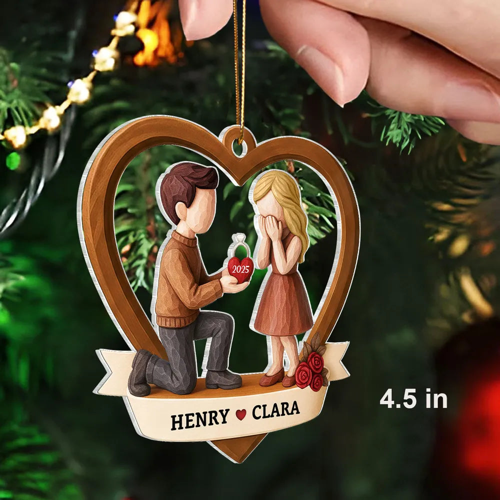 Personalized Couple Proposal Acrylic Ornament, Kneeling Engagement Moment in Heart Frame, Unique Romantic Gift