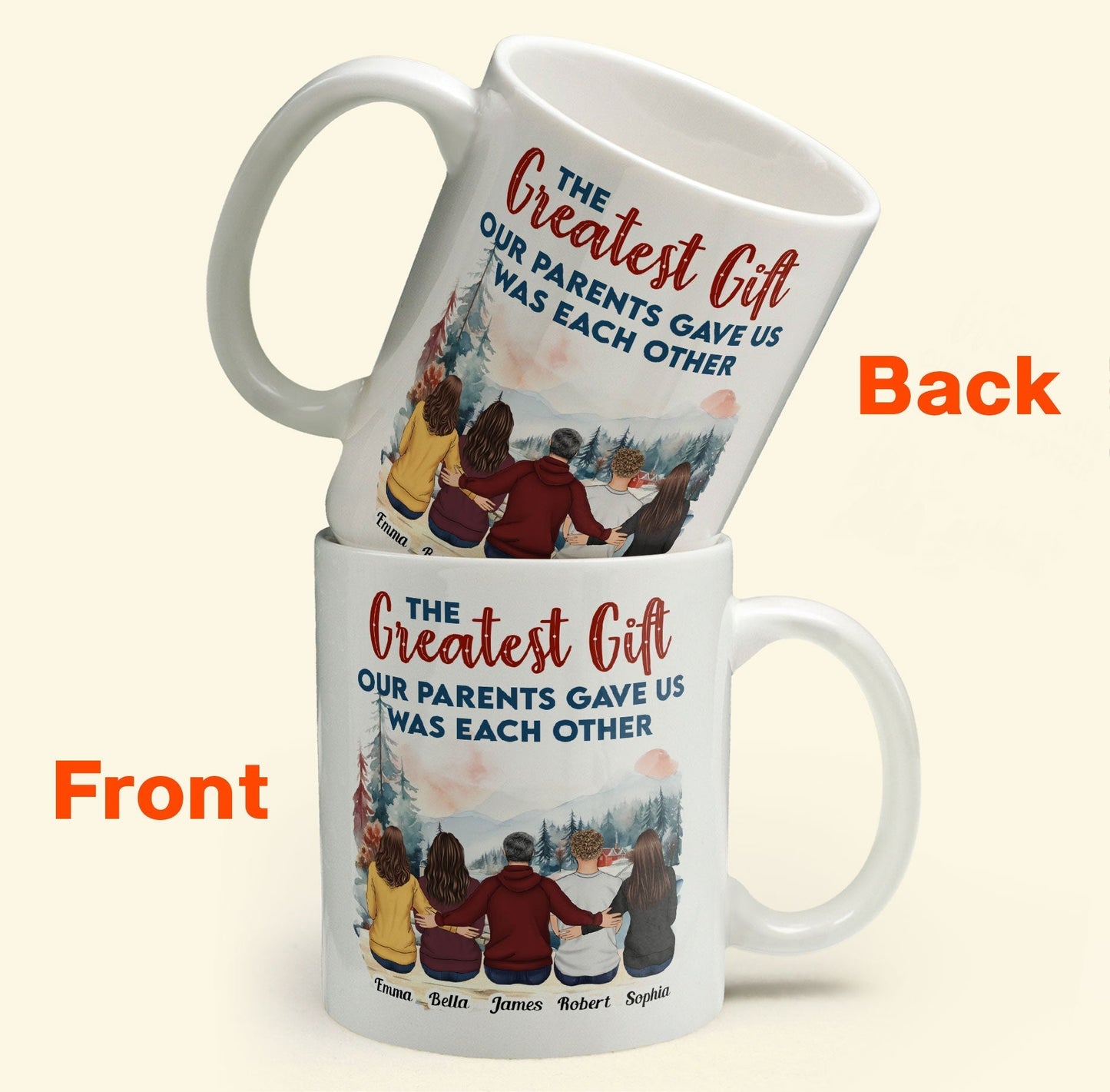 Family Mug with Illustration & Quote, siblings sitting in a snowy mountain scene, a unique gift for Mom & Dad