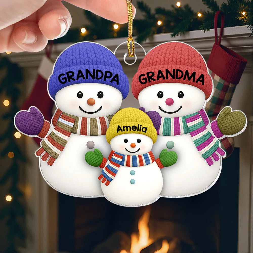 Grandparents & Grandchild Snowman Acrylic Ornament – Heartwarming Family Design, Perfect Holiday Gift
