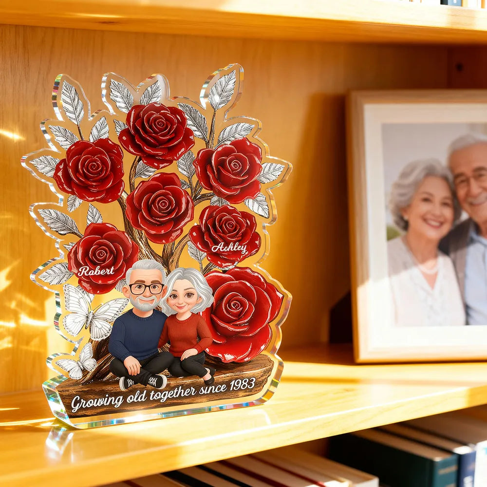 Personalized Shaped Acrylic Block Plaque with Red Rose Tree Couple Sitting Together, Unique Romantic Gift