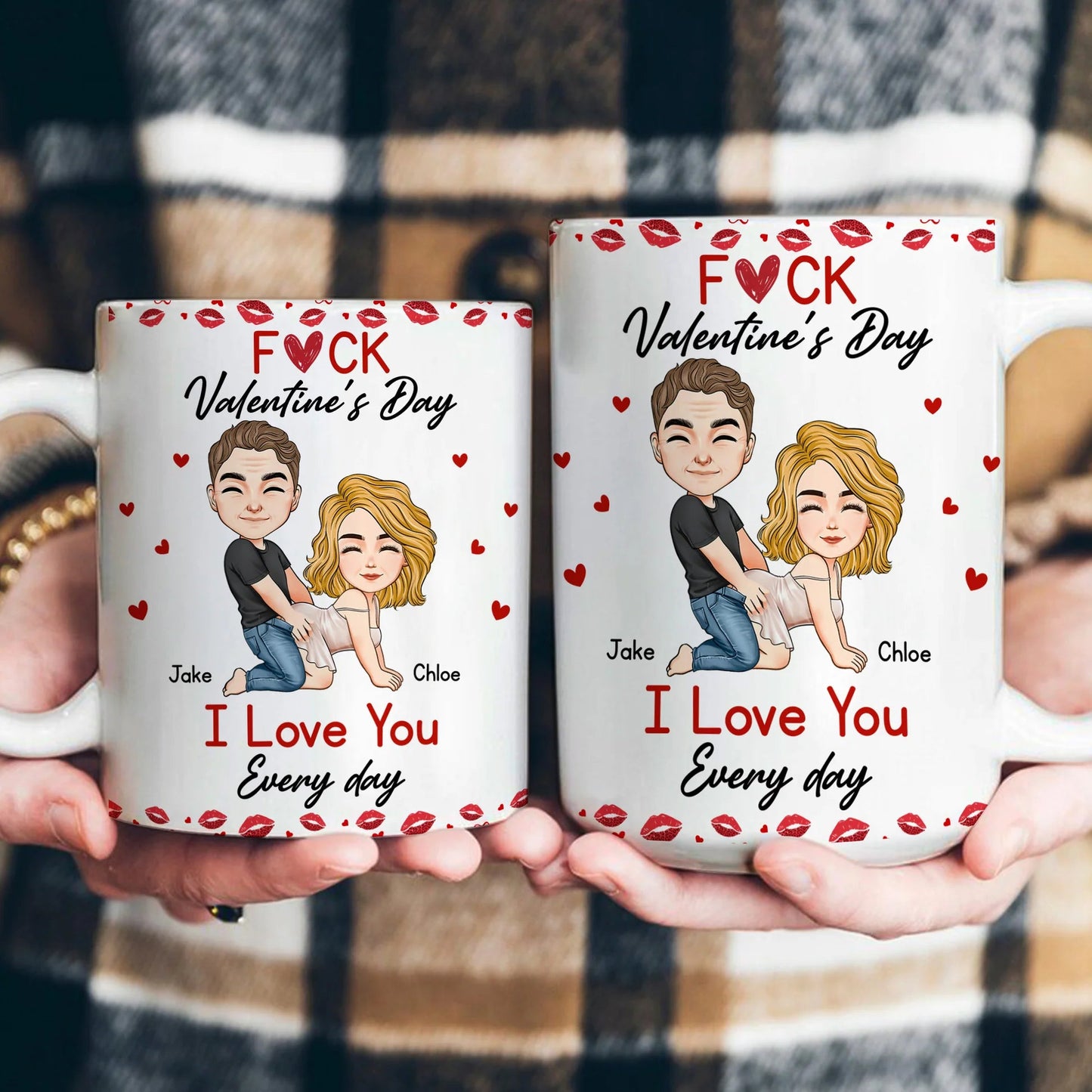 Ceramic Mug With Playful Valentine Hearts and Kiss Prints, Personalized Couple Gift, Funny Romantic Daily Coffee Surprise