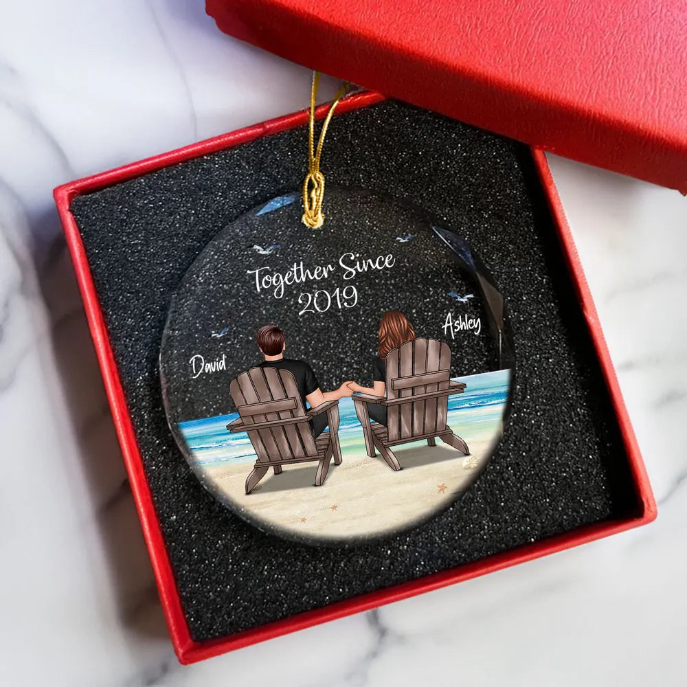 Crystal Ornament Personalized for Couples, Sitting Together at a Sunset Beach Scene, Romantic Keepsake Gift for Her