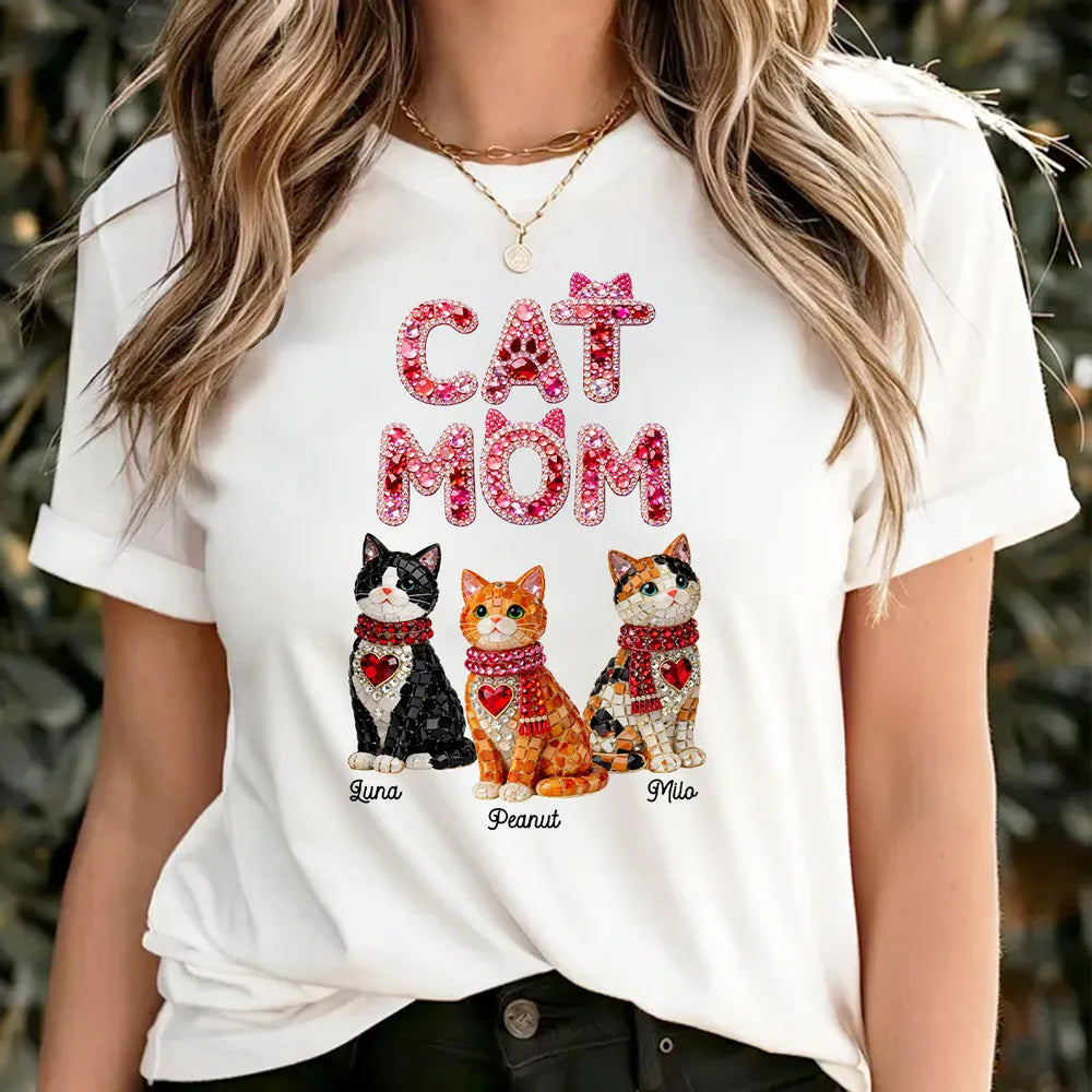 Personalized Cat Mom Classic Tee With Shiny Mosaic Cats, Cute Everyday Wear, Unique Gift for Cat Lovers