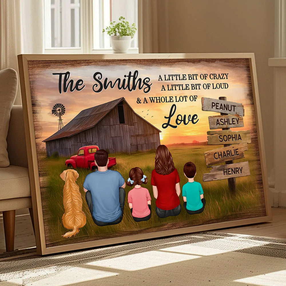 Custom Rustic Farm Family Poster Sunset Barn and Kids with Dog Cozy Country Decor Unique Father's Day Gift