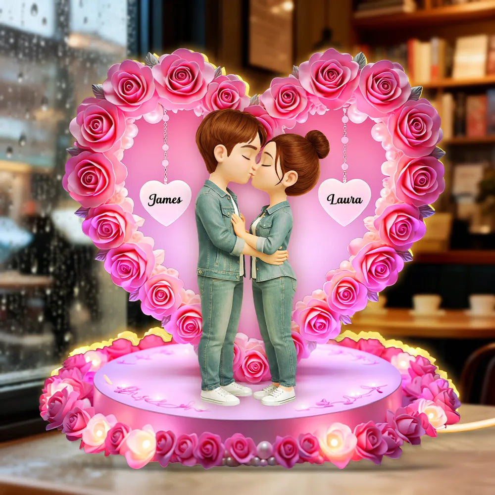 Personalized Acrylic Light Box Kissing Couple in Rose Heart Night Light for Bedroom Warm Glow Unique Gift for Her or Him