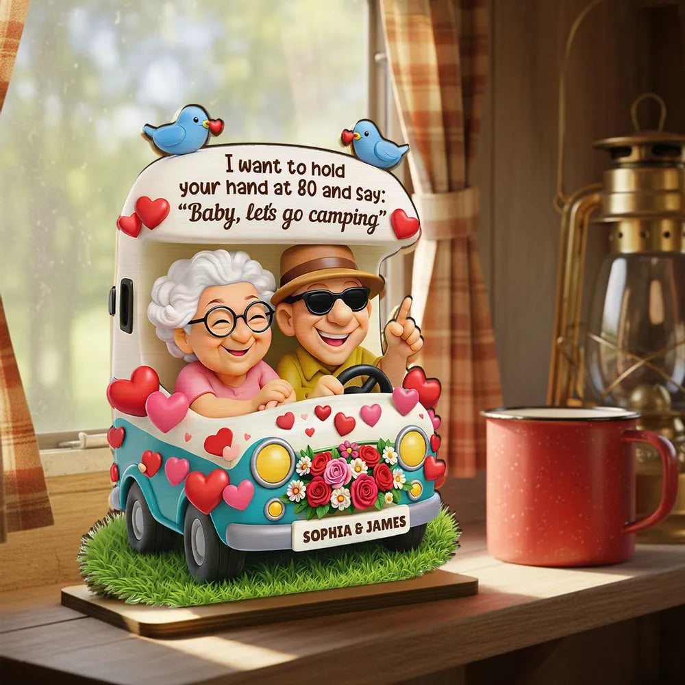 Personalized 2-Layer Wooden Plaque Cute Cartoon Couple in Camper Van 'Baby, let's go camping' Unique Gift for Him or Her