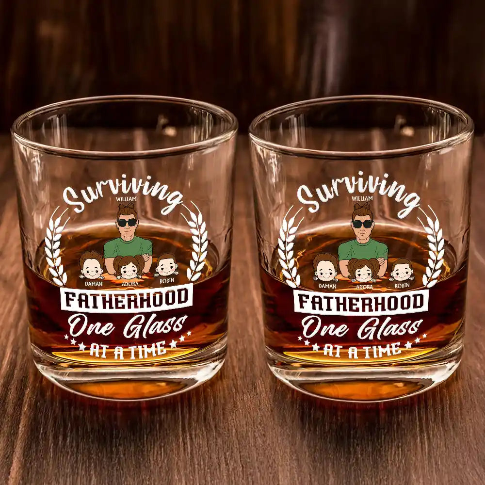 Funny Fatherhood Whiskey Glass with Family Names – Surviving Fatherhood One Glass at a Time, Ideal Father’s Day Gift