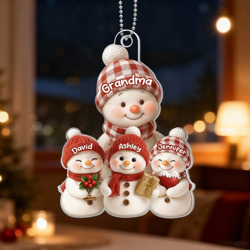 Christmas Acrylic Ornament for Grandma – Cozy Snowman Family, gift-ready keepsake for holiday tree décor, customizable and heartwarming