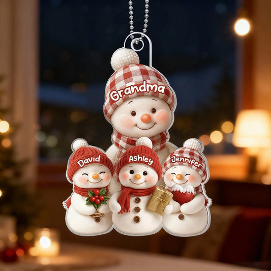 Christmas Acrylic Ornament for Grandma – Cozy Snowman Family, gift-ready keepsake for holiday tree décor, customizable and heartwarming