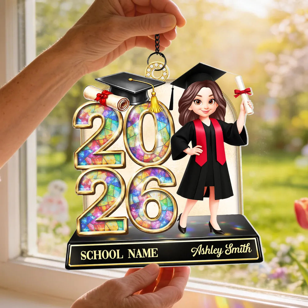 Personalized Class of Graduation Acrylic Suncatcher Ornament for Daughter Son, Cap and Diploma Design, Unique Gift
