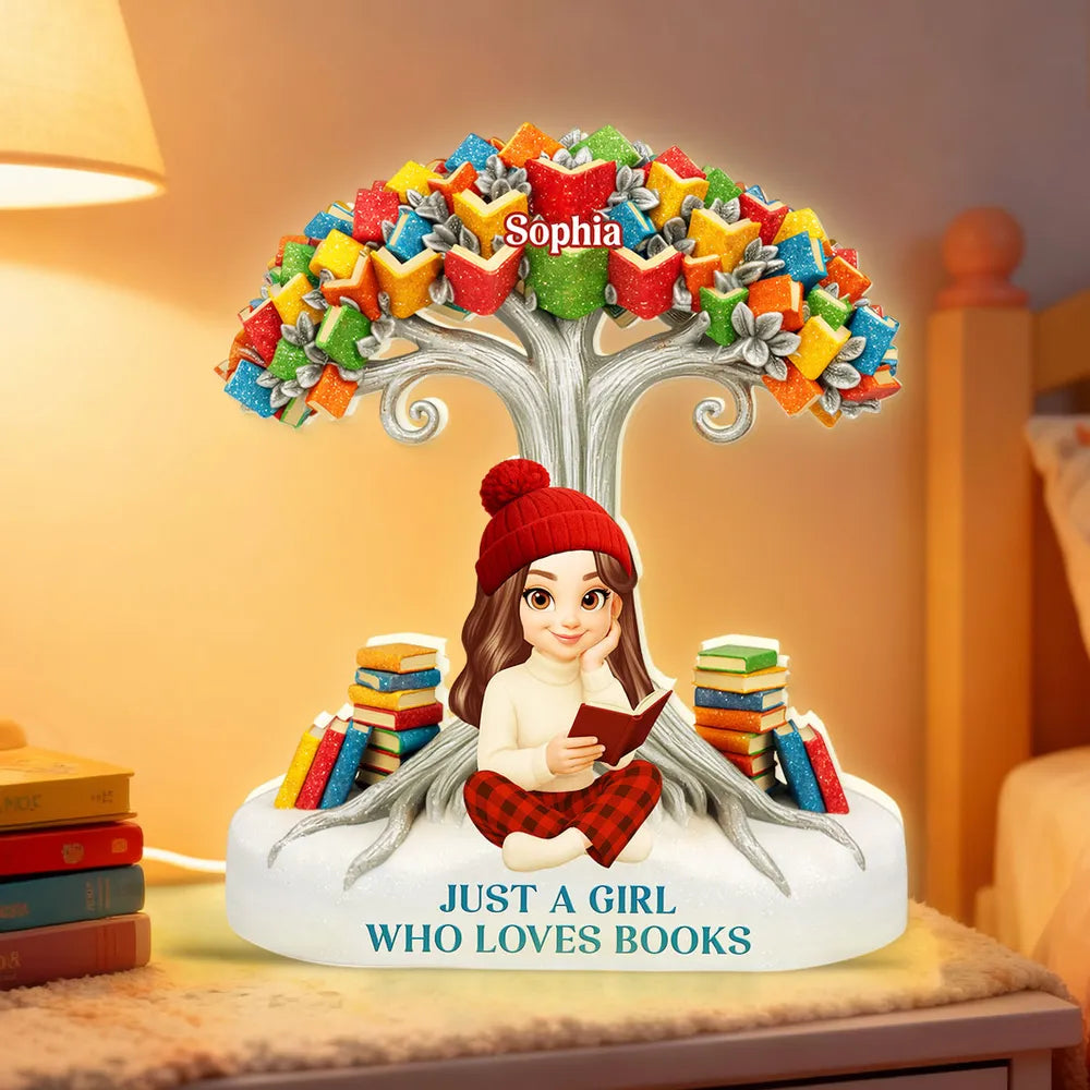 Acrylic Light Box with Reading Girl and Book Tree, Personalized Keepsake for Bedroom or Bookshelf, Thoughtful Gift