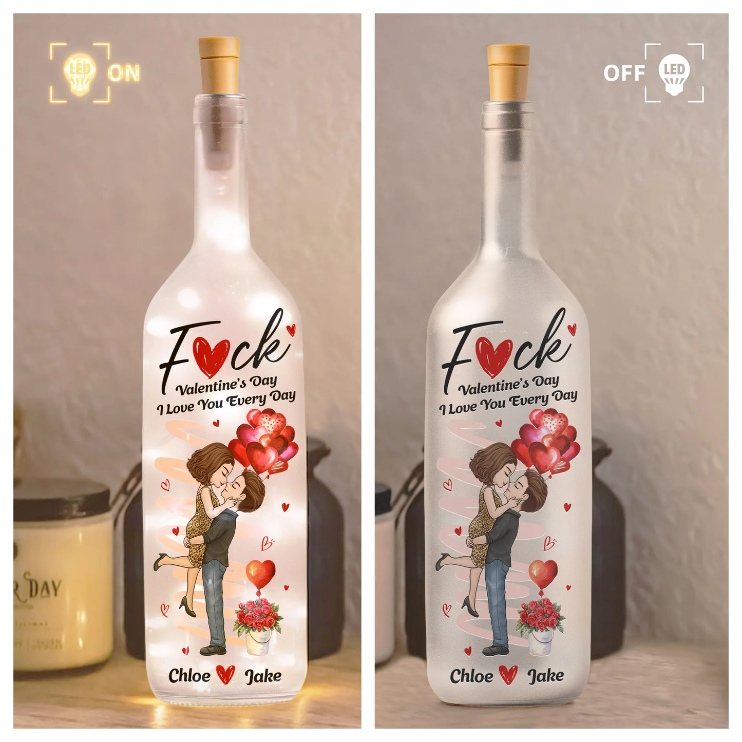 Personalized Bottle Lamp with Kissing Couple & Heart Balloons, Romantic Bedroom Decor, Unique Creative Gift for Couples