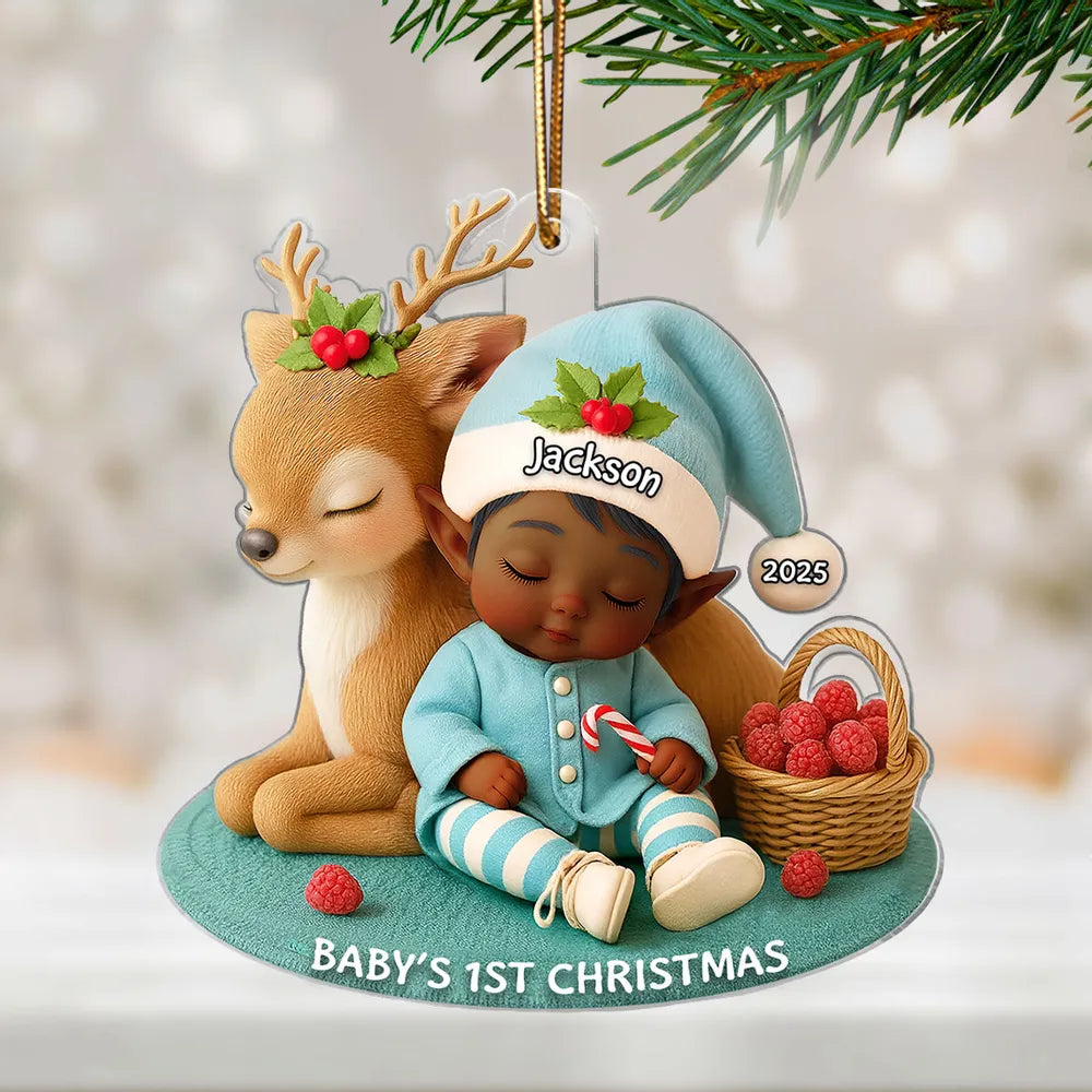 Acrylic Ornament – “Baby’s 1st Christmas” Deer-&-Elf Keepsake