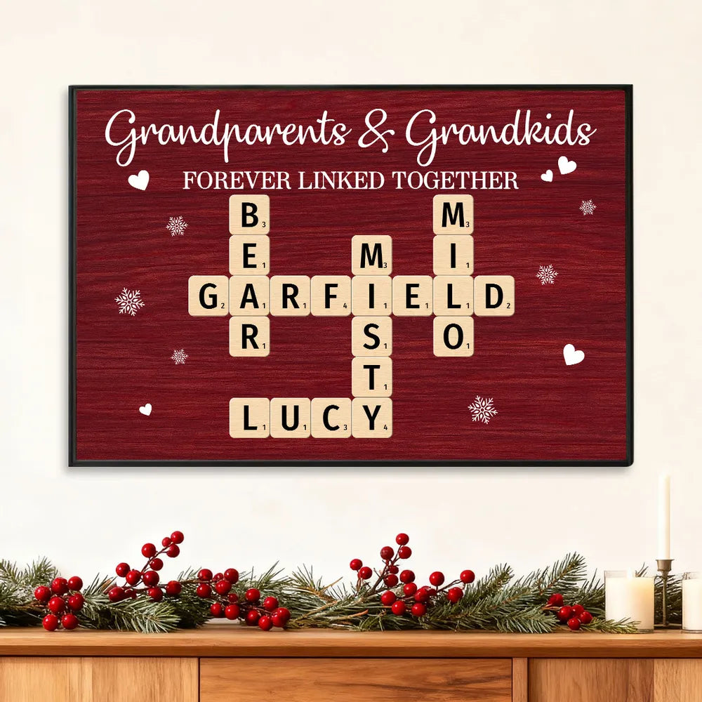 Personalized Grandparents & Grandkids Poster, Crossword Wall Art Keepsake, Cozy Red Decor, Unique Gift for Christmas or Birthdays