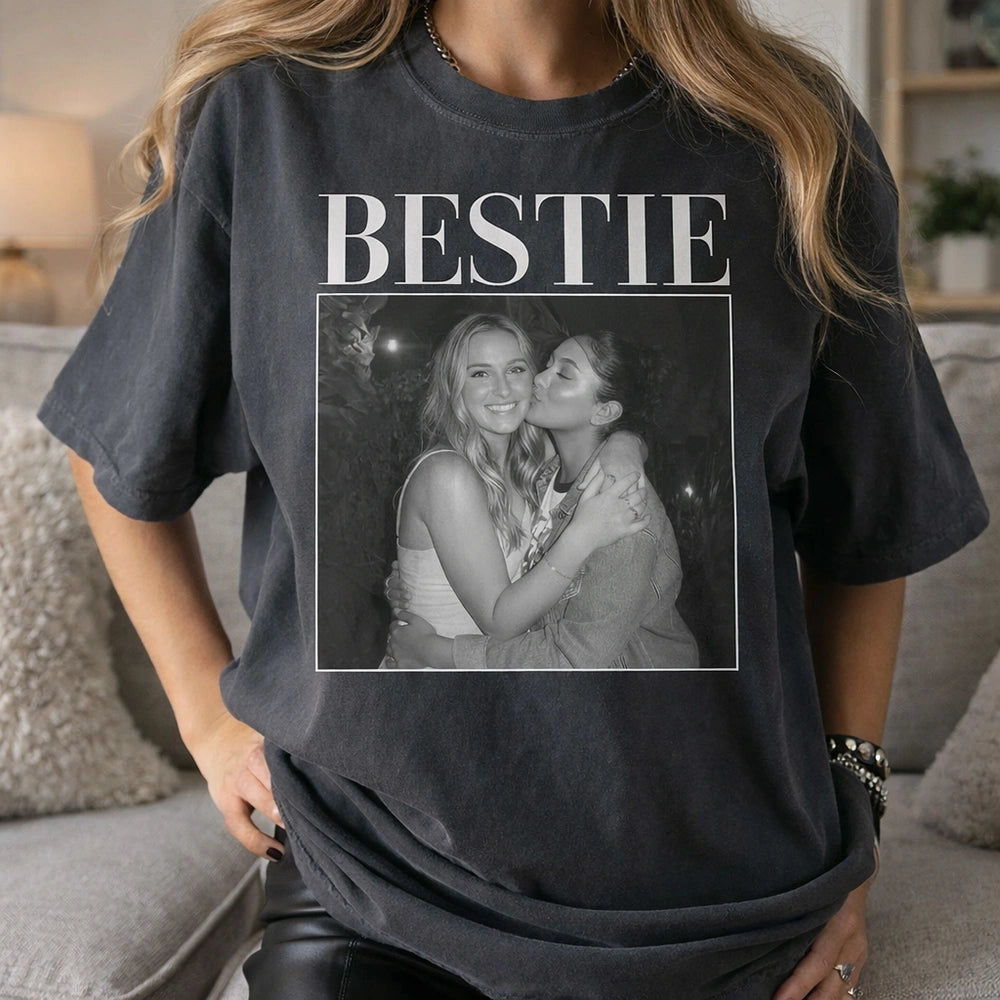 BESTIE Personalized Photo Classic Tee, Vintage-Style Black & White Memory Look, Unique Gift for Best Friend