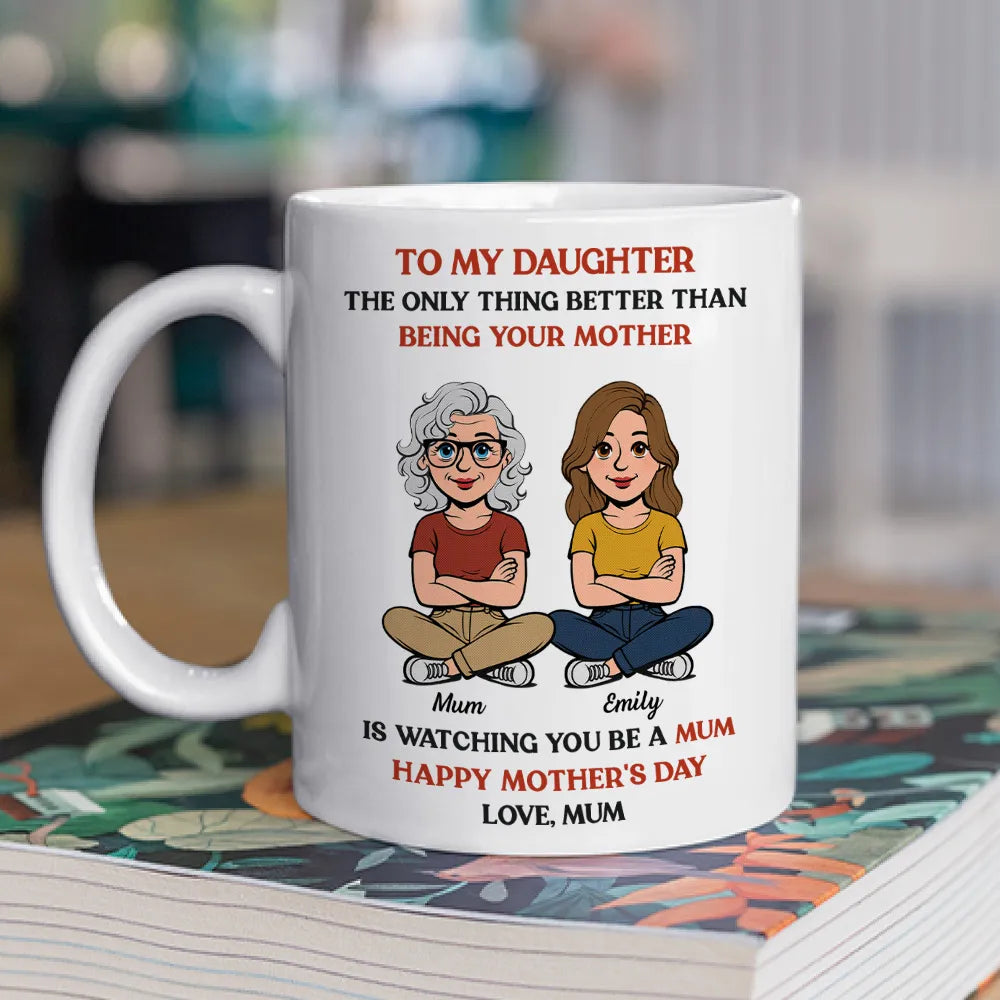 Personalized Mother-Daughter Cartoon White Ceramic Mug, Custom Names Look, Unique Mother's Day Gift for Mom
