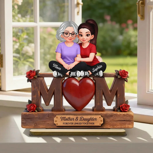 Personalized 2-Layer Wooden Plaque Mother & Daughter Forever Linked Together, MOM Heart Roses, Unique Gift for Mom