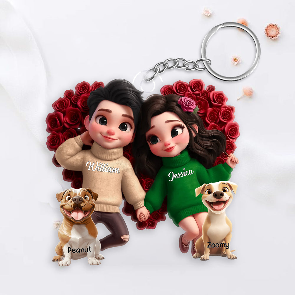 Personalized Acrylic Keychain – Cute Cartoon Couple with Their Dog, Holding Hands Surrounded by Roses, Custom Love Keepsake for Couples, Families or Dog Loves