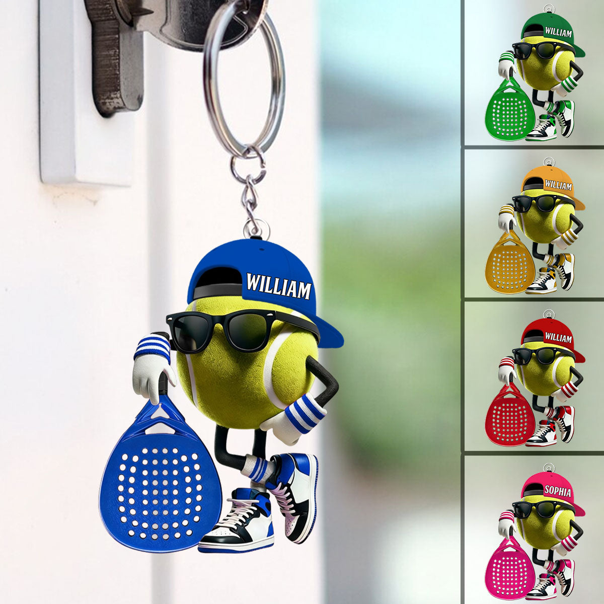 Personalized Padel Acrylic Keychain Cute Tennis Ball Character with Sunglasses and Cap - Unique Gift for Sports Fans
