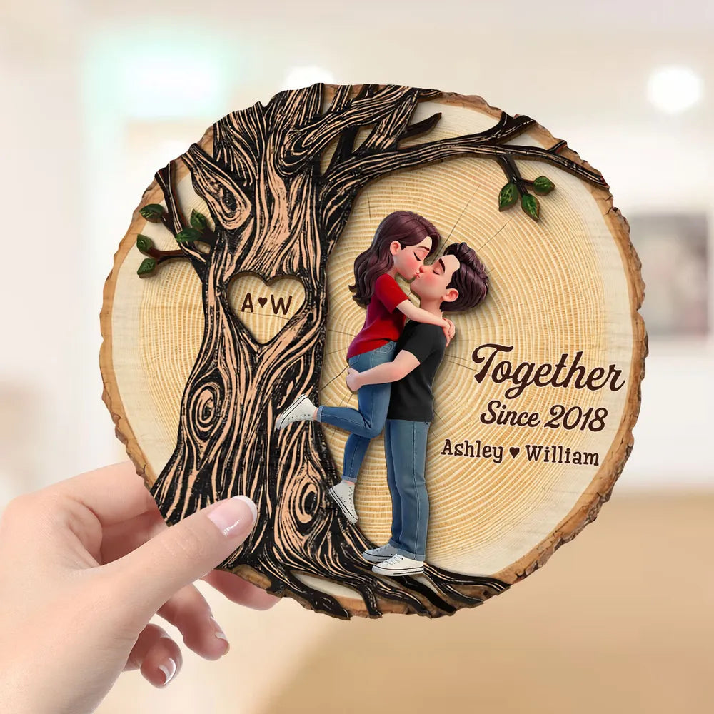 Personalized 2-Layer Wooden Plaque, Kissing Couple by Tree of Love for Anniversary Decor, A Unique Romantic Gift