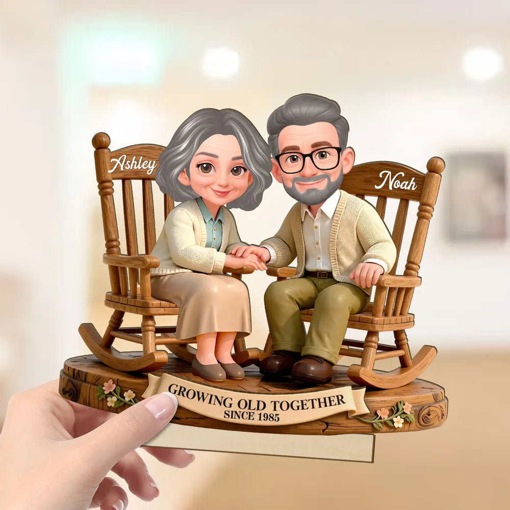 Personalized 2-Layer Wooden Plaque with Couple Holding Hands in Rocking Chairs, Sweet Keepsake Decor, Unique Gift for Wife or Husband