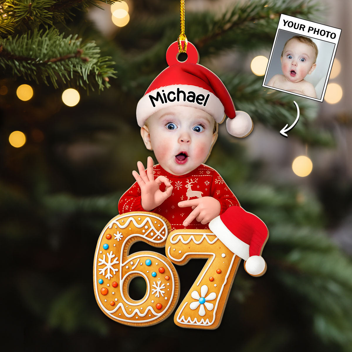 Personalized 67 Meme Wooden Ornament with Your Baby Photo – Funny Christmas Wooden Ornament & Unique Holiday Gift for Family and Friends