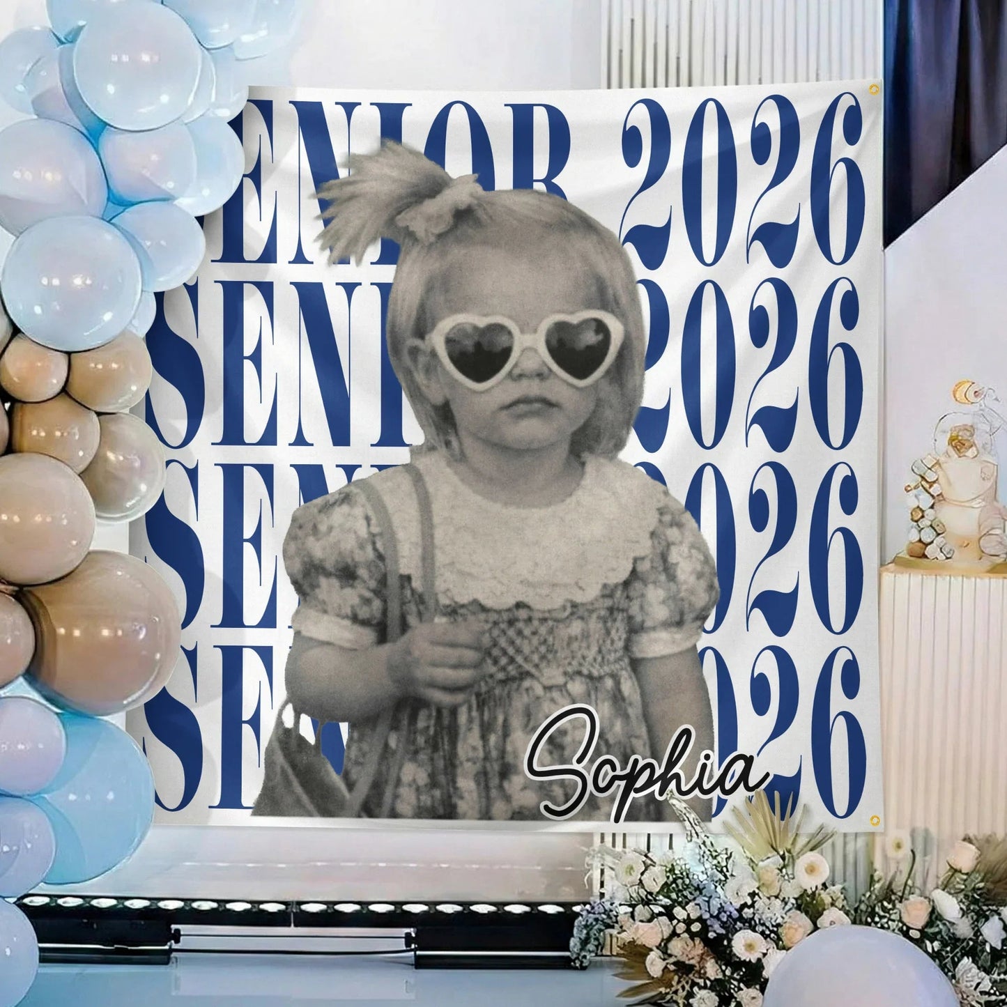 Personalized Graduation Backdrop Banner With Vintage Photo Look, Blue Class Celebration Decor, Unique Creative Gift