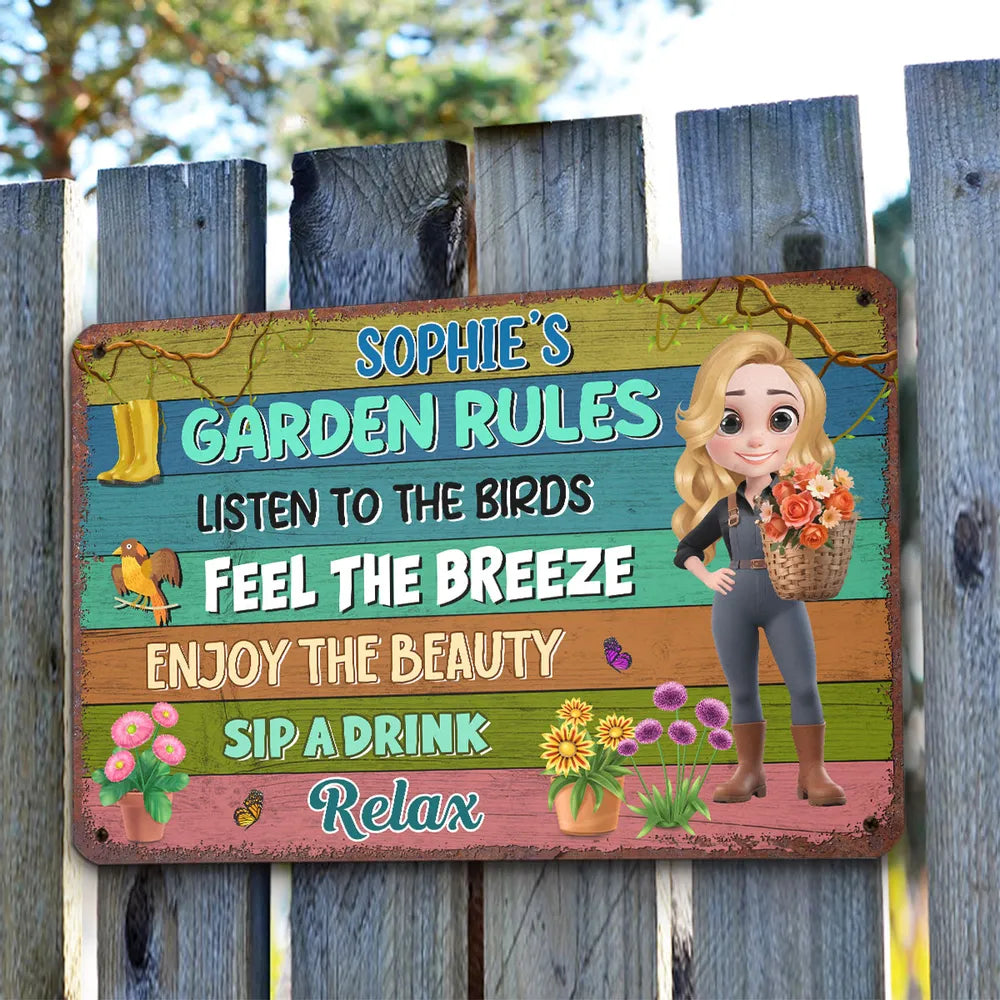 Garden Rules Custom Rectangular Iron Sign – Listen to the Birds, Feel the Breeze, Enjoy the Beauty – Gift for Garden Lovers