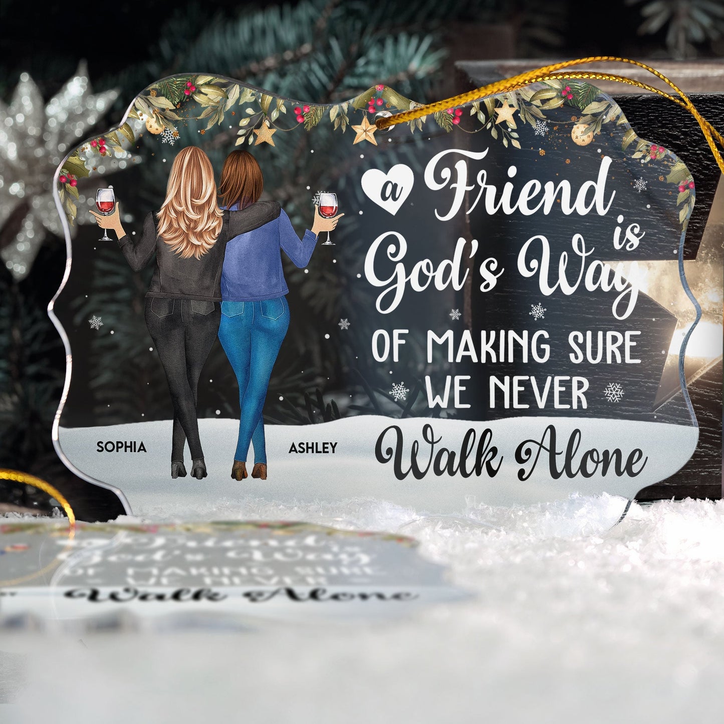 Acrylic Ornament with Friend Illustration and Quote, Christmas Tree Decoration for Besties