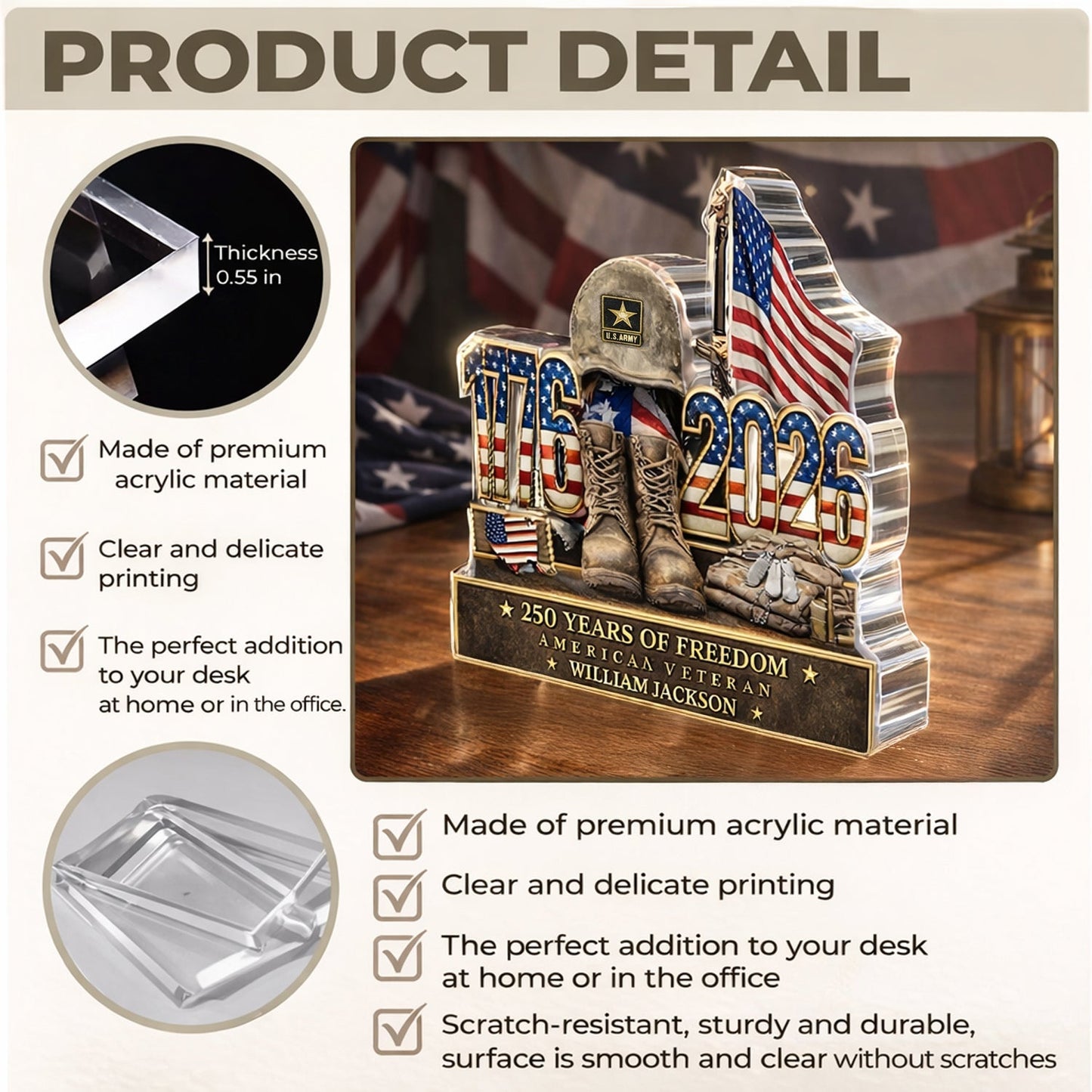 Personalized Shaped Acrylic Block Plaque with Patriotic US Army Boots & Flag Desk Decor, Unique Veteran Gift