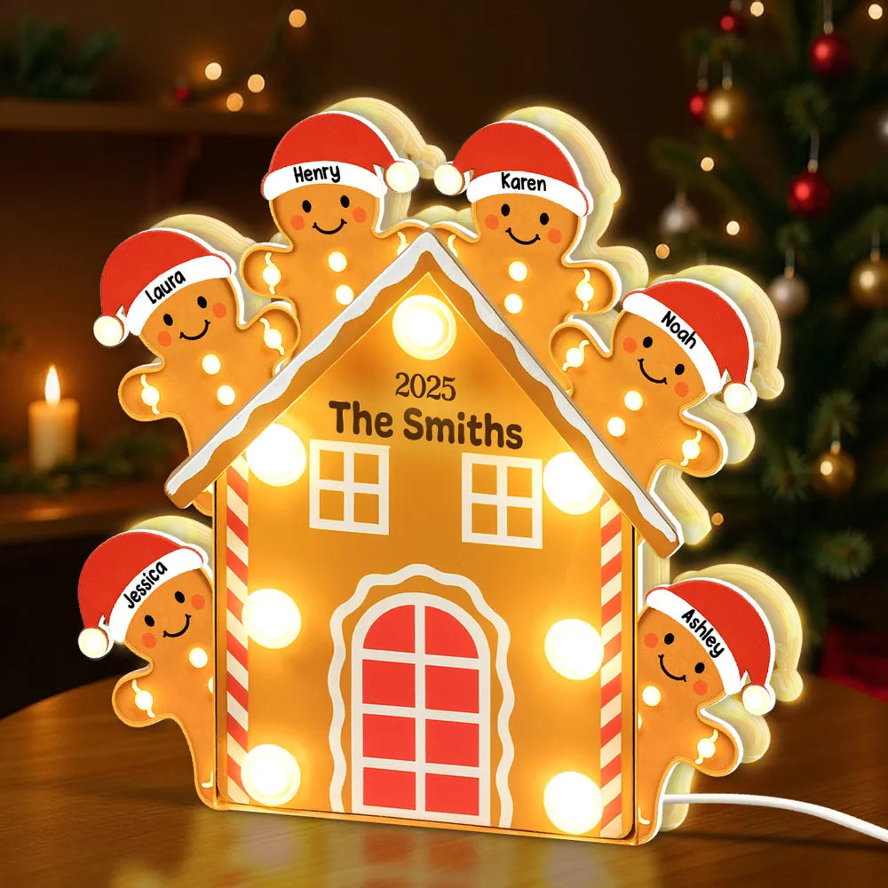 Custom Family Acrylic Light Box Lamp with Gingerbread House and Warm Glow, Festive Bedroom Light and Heartfelt Christmas Gift