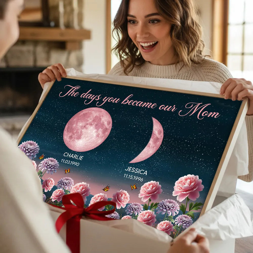 The Days You Became Our Mom Poster, Personalized Moon Phases and Birth Month Flowers, Heartfelt Gift for Mom