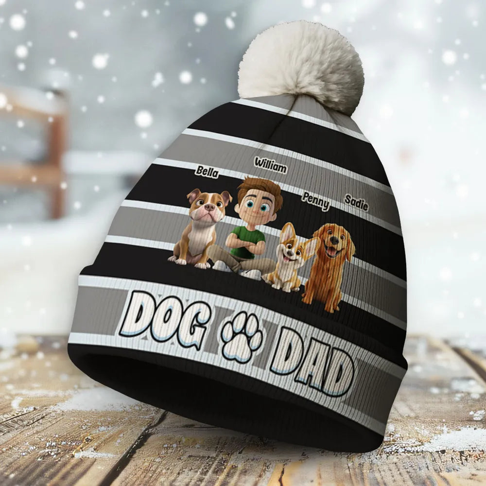 Personalized Dog Dad Bobble Beanie Hat With Custom Cartoon Pet & Owner - Cozy Winter Gift for Dog Lovers