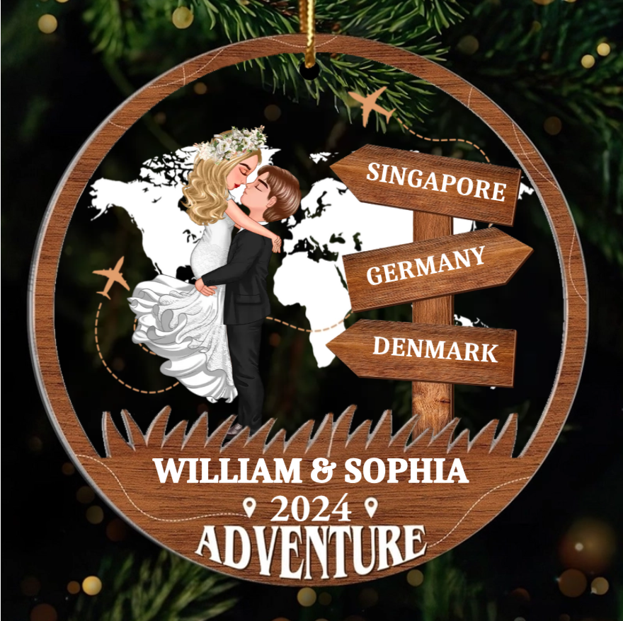 Adventure Kissing Couple Personalized 2-Layer Acrylic Ornament, Christmas Gift For Couple, Gift For Travelers