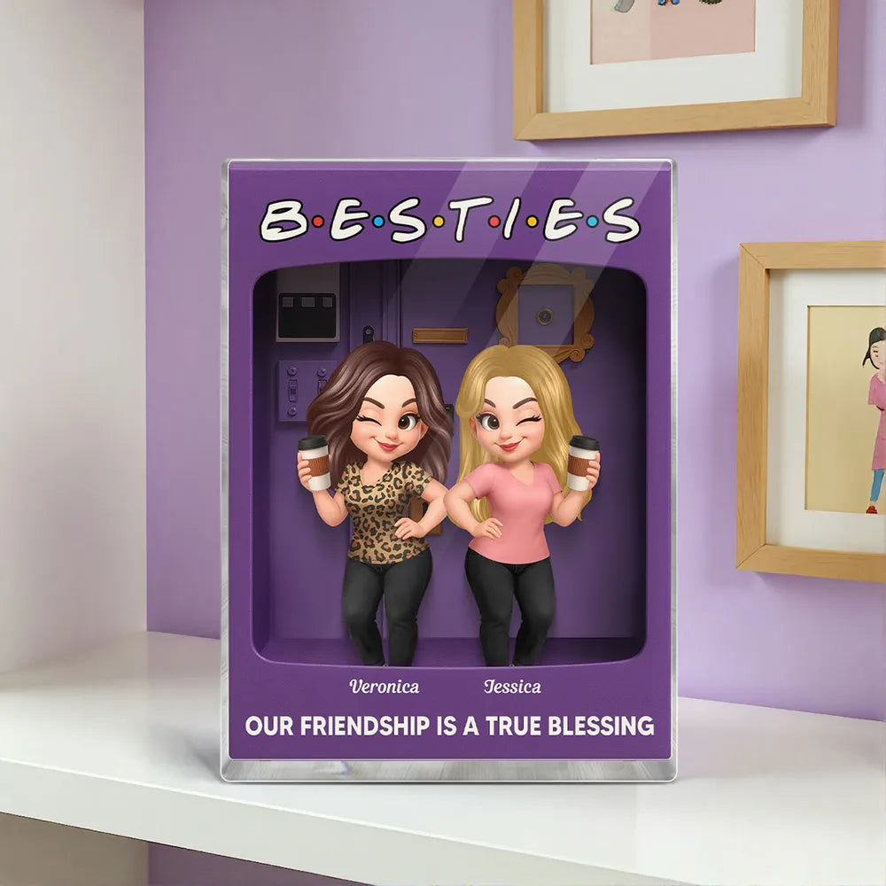 Rectangle Acrylic Block Plaque for Besties — cute characters holding coffee, purple backdrop, perfect friendship gift for birthdays, holidays, and everyday smiles
