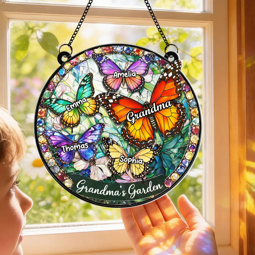 Personalized Butterfly Acrylic Suncatcher Ornament for Grandma's Window, Stained Glass Style Sunlight Reflection, Unique Gift
